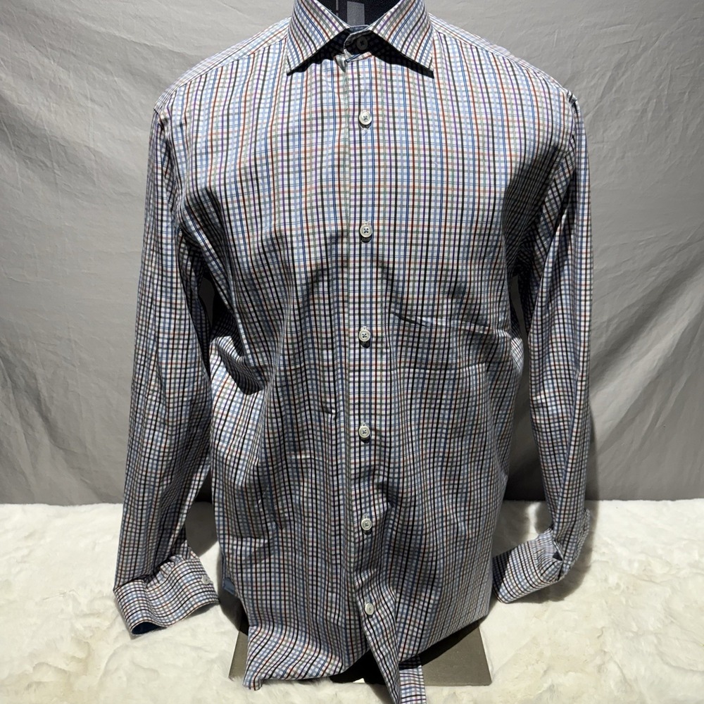 Bugatchi Dress Shirt Mens XLT Large Purple Gray Plaid Cotton Button Up